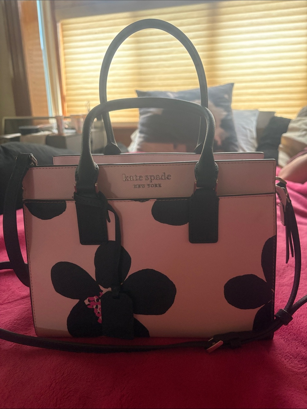 kate spade Pink and Black Floral Satchel with Crossbody Strap